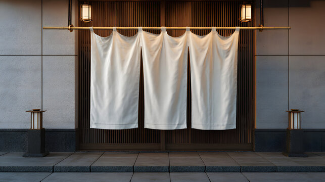 Mockup blank of a traditional noren curtain sign at Japanese restaurant entrance, soft shadows