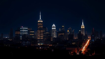 Nighttime city skyline with glowing windows and streetlights, capturing urban vibrancy.