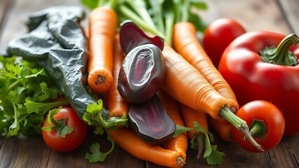 Close-up of vibrant organic vegetables on a rustic surface, highlighting healthy food choices.