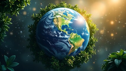 Earth globe embraced by lush greenery under soft glowing light, symbolizing environmental harmony.