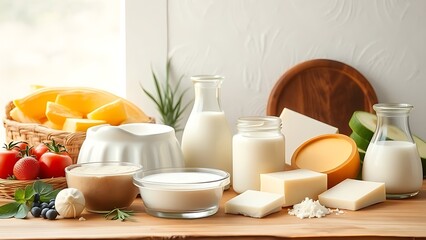 Fresh dairy products neatly arranged on a wooden table with soft natural lighting.