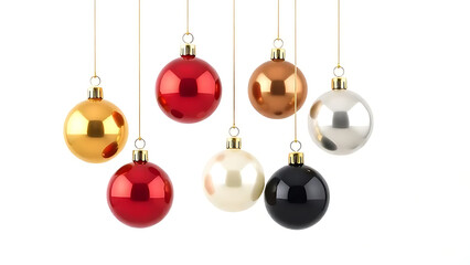 Elegant Christmas ornaments in gold, red, ivory, silver, and black hanging on golden strings against a clean white background, modern and festive.