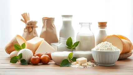 Fresh dairy products neatly arranged on a wooden table, showcasing natural and wholesome goodness.