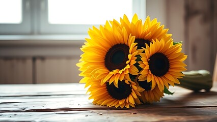 Rustic wooden table adorned with a vibrant sunflower bouquet in warm natural light.