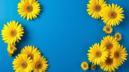Vibrant yellow gerbera daisies arranged in geometric pattern against deep blue background.