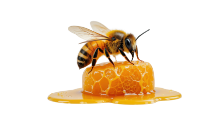 A yellow honey bee with pollen on its legs flies toward a white flower to collect nectar in the summer