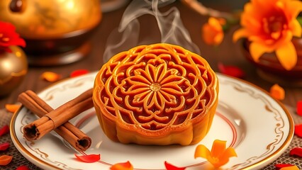 Traditional mooncake on porcelain plate with cinnamon sticks and chrysanthemum petals, golden lighting.