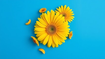 Artistic arrangement of yellow gerbera flowers against a vibrant blue background.