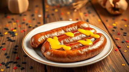 Steaming bratwurst with mustard on porcelain plate, rustic table with scattered confetti.