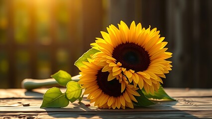Sunflower bouquet bathed in golden morning light on a rustic wooden surface, radiating natural vibrancy.