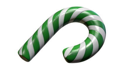 3d illustration of green and white striped candy cane, isolated on transparent background