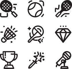 Vector icon set: tennis, badminton, diamond, trophy, magic wand, microphone eps silhouette