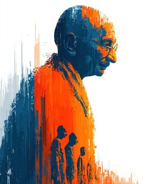 Illustration of Gandhi Jayanti celebration concept, Mahatma Gandhi's silhouette, patriotic theme, India flag elements