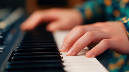 Obraz premium Close-up of Hands Playing Warm Melodies on an Electric Piano