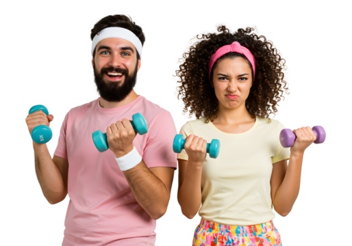 Funny Couple with Dumbbells. Photo of a Man and Woman Exercising for Fitness, Gym, and Healthy Lifestyle Content