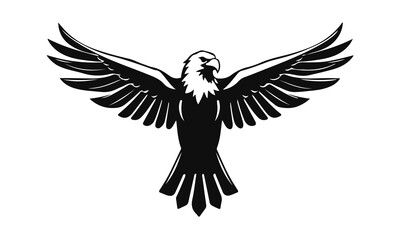 Eagle logo template. Black and white silhouette of an eagle with spread wings. Symmetrical and stylish logo, perfect for branding and emblems