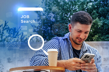 Man engaged in job search while sitting outdoors with coffee in hand, enjoying a sunny day in a peaceful environment