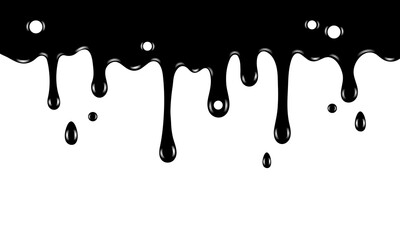 Flowing black liquid, spilled paint, ink splashes, vector illustration, oil drops or chocolate drops