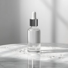Naklejka premium Elegant glass dropper bottle with serum skincare product on marble surface