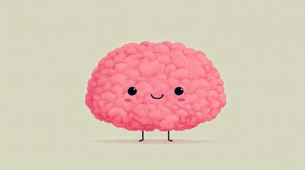 Cartoon Brain with Happy Expression in Minimal Flat Design