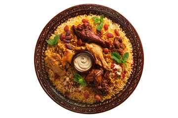Kabsa bowl spiced biryani with lamb or chicken, rice, nuts, and raisins in wooden bowl, isolated on white transparent background. Concept of Arabic cuisine