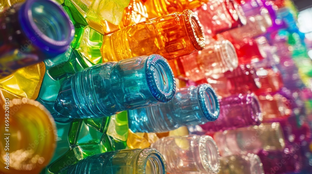 Sticker vibrant plastic bottles create a colorful display. the harmony of hues showcases art and creativity.