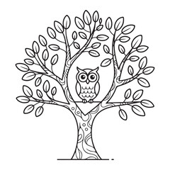 Obraz premium Owl Sitting on Tree Branch Line Art Vector Illustration for Coloring Book