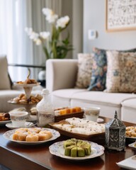 Living room with sofa, coffee table, and Eid sweets placed for celebration.