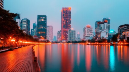 Nighttime City Waterfront with Glowing Skyline and Reflections