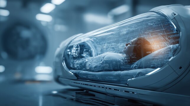 A futuristic cryogenic capsule shows a person sleeping peacefully surrounded by digital interfaces and holographic data. The cinematic sci-fi concept reflects technology, space exploration