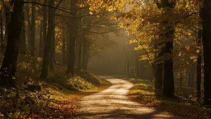 In autumn, the forest path is decorated with yellow leaves and sunlight, full of quiet and beautiful autumn charm.