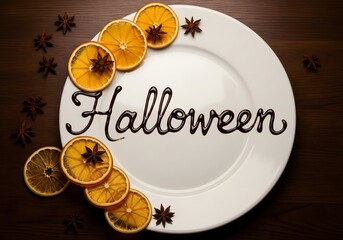 Creative Halloween typography on white plate decorated with dried orange slices and star anise, festive food art concept for Halloween celebration