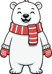 Polar bear wearing scarf and mittens waving