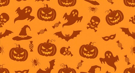 Seamless Halloween Pattern with Pumpkins, Ghosts, Bats, Spiders, Candy, and Witch Hat on Orange Background for Festive Design