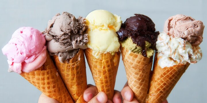A delightful array of ice cream cones, offering a variety of flavors and a refreshing summer treat.