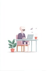 Skeleton accountant diligently working at a desk in an office setting with plants and a laptop during a quiet evening. Halloween
