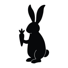 Charming black silhouette of a bunny holding a carrot with textured outline cute farm animal