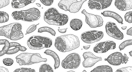 A diverse collection of hand drawn meat cuts and sausages for culinary enthusiasts