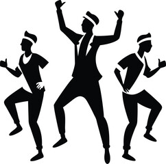 Silhouette of Three Men in Suits and Hats Dancing Energetically vector illustration