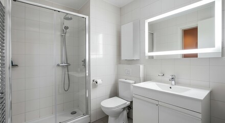 Modern white and grey bathroom interior with glass shower cabin, toilet, and vanity with illuminated mirror