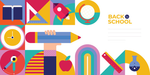 Back to school trendy background with abstract geometric style. Vibrant and colorful design concept featuring kids, school supplies, banners, and posters for educational promotions