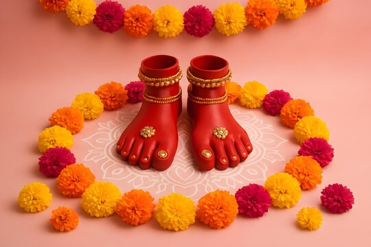 Decorative Lakshmi Charan with Golden Jewelry Surrounded by Marigold Flowers and Rangoli for Diwali and Laxmi Pooja Celebration