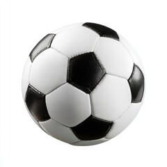 A white and black soccer ball, perfectly round, sits centered against a white background.  It features a traditional black and white panel design