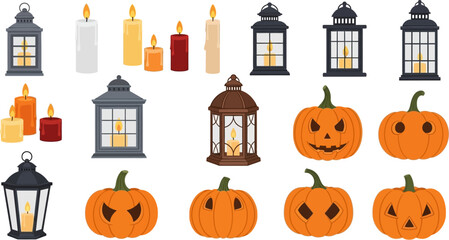 Fototapeta premium Spooky Halloween pumpkins and glowing lanterns create a festive autumn night atmosphere.