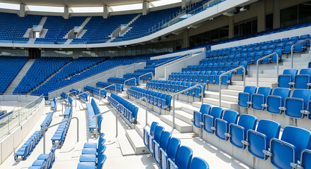 Fototapeta premium Empty blue stadium seats in a modern arena, awaiting spectators.