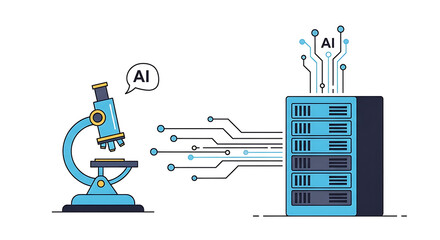 Cartoon illustration of a microscope connected to a server with ai text on a white background ai generated
