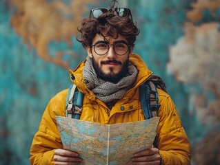 Fototapeta premium Young man with glasses and backpack holding a map embarking on an adventure