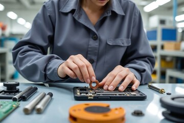 Sustainable circular economy process showing disassembly, automated sorting, and remanufacturing of products in a high-tech factory.