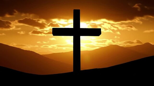 Silhouette of Cross on Hilltop During Sunset with Mountain Range in Background
