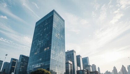 Fototapeta premium Modern skyscraper with glass facade in a vibrant urban business district showcasing contemporary architecture city skyline and professional cityscape views
